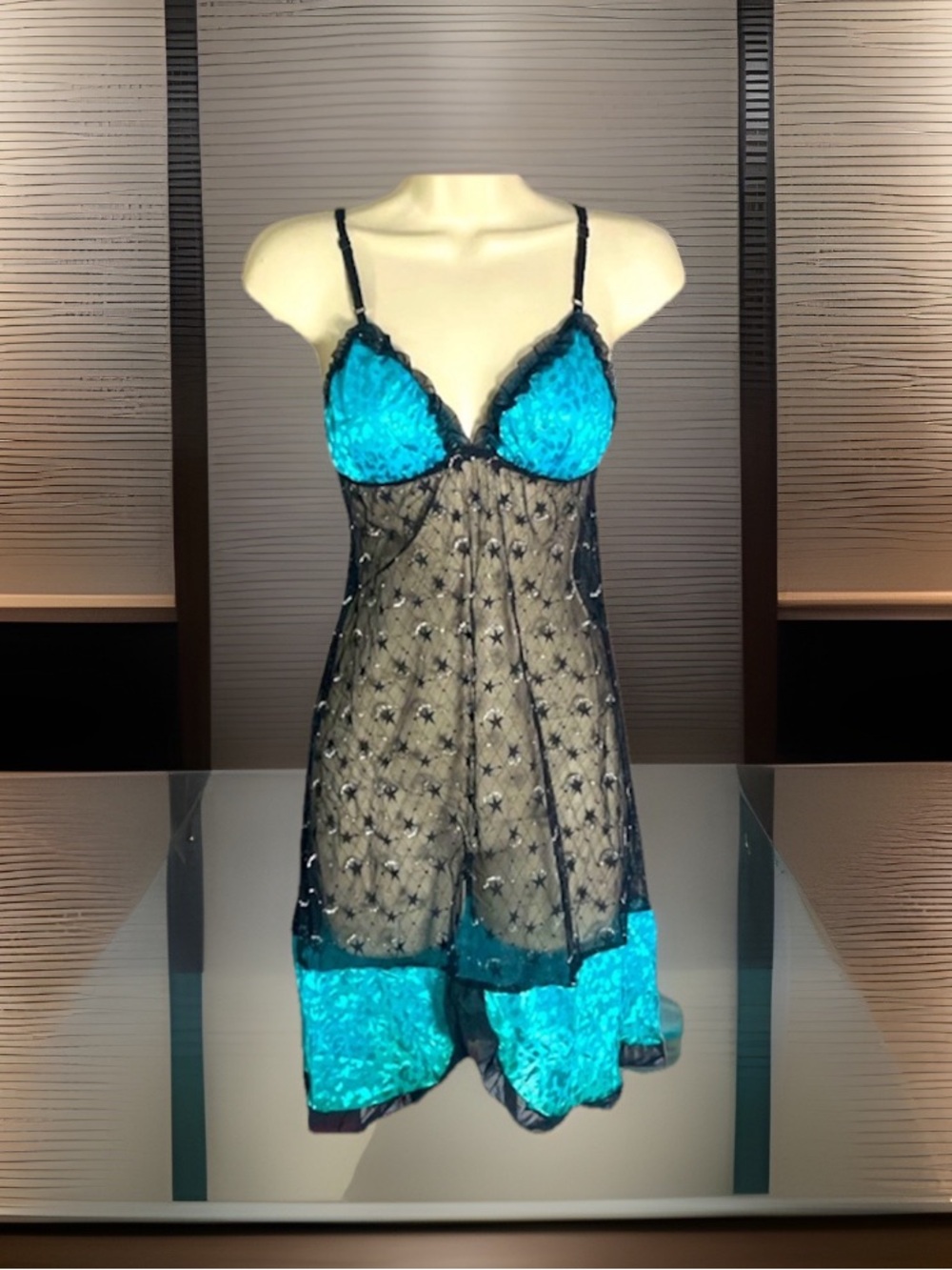 Bright Blue Nightgown W/Stars ⭐️ & Moons On Sheer Lace W/Open Split & Panties